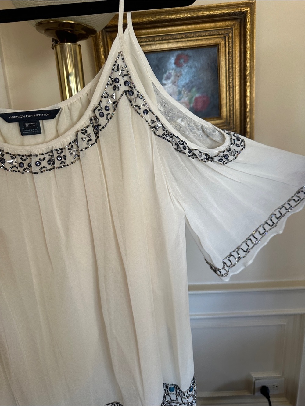 French Connection Cream Blouse with Silver Beaded Neckline